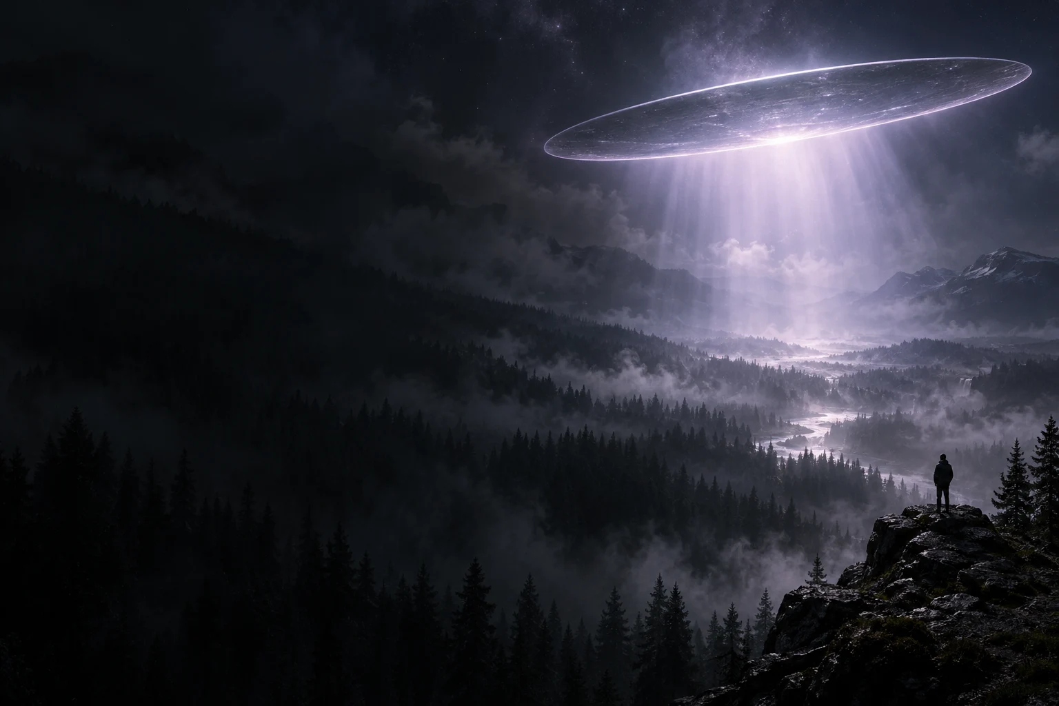 Conceptual illustration of a mysterious light above a midnight forest